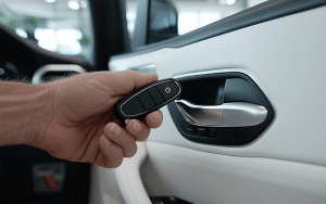 An automotive dealership showcases enhanced security measures, featuring a surveillance system monitoring the lot, vehicles equipped with GPS tracking devices, and keyless entry technology ensuring modern theft prevention.