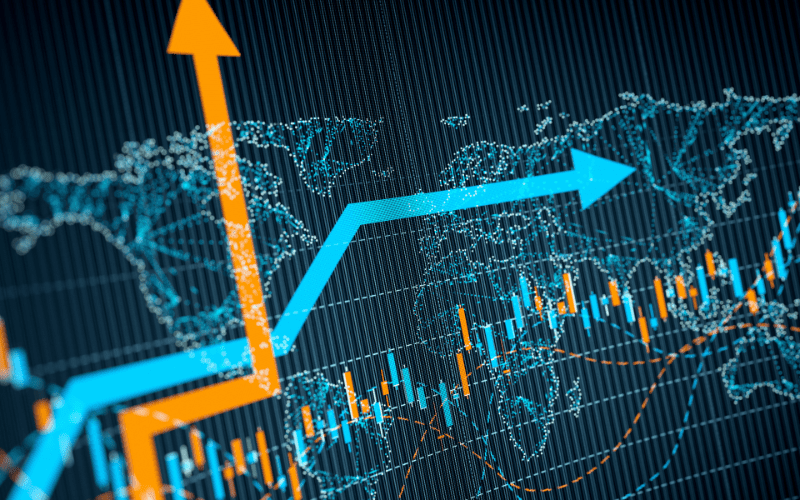 Data visualization showing global AI surveillance trends with upward-pointing arrows, candlestick chart indicators, and a digital world map overlay. The visual implies growth and expansion in technology or security performance across regions.