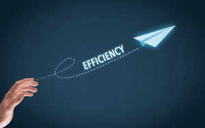 Hand launching a digital paper airplane with a dotted flight path labeled “EFFICIENCY” on a dark background, symbolizing streamlined processes and operational improvement.