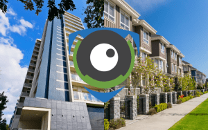 Split image of a modern high-rise apartment building on the left and a garden-style multi-family complex on the right, with the EyeQ Monitoring logo centered to represent tailored security solutions for different property types.