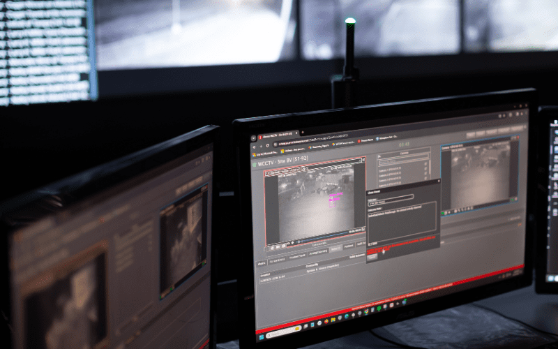 Security monitoring station displaying live video feeds, highlighting the difference between time-lapse cameras and live monitoring systems for real-time security.
