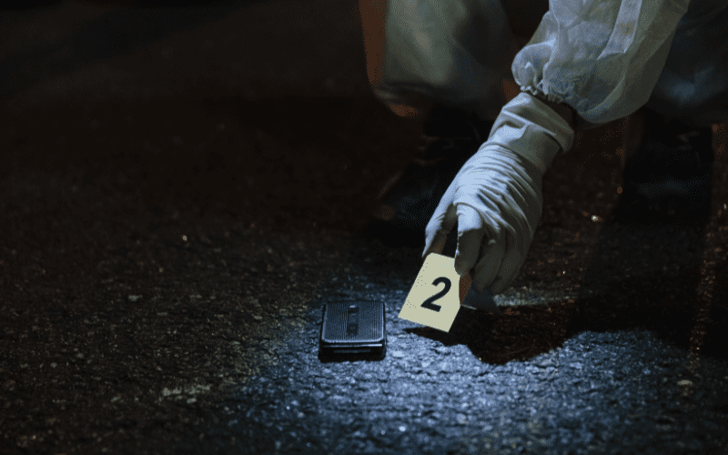 Gloved forensic investigator placing an evidence marker next to a mobile device on dark pavement at night, symbolizing post-incident analysis in a security investigation.