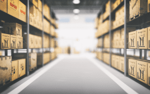 A brightly lit warehouse aisle with tall metal shelving units on both sides, stacked with labeled cardboard boxes marked 'fragile' and handling instructions. The background is softly blurred, drawing focus to the rows of organized inventory.