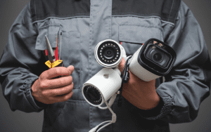 Technician in gray uniform holding multiple business-grade security cameras in one hand and a pair of wire cutters in the other, symbolizing professional installation and surveillance setup.