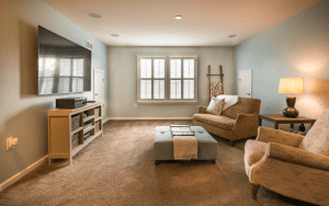 A well-lit and organized senior living common area with furniture and soft lighting, representing a safe, monitored environment suitable for security cameras for shops or residential care facilities. Ideal for evaluating camera placement and visibility in shared indoor spaces.