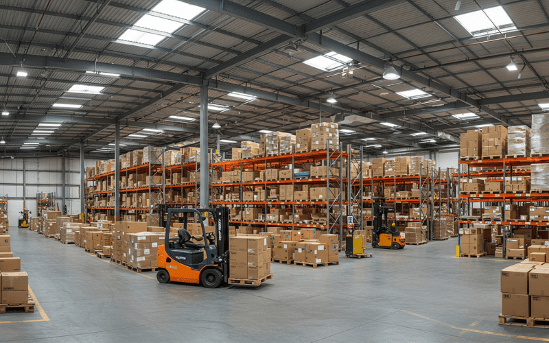 Spacious warehouse with forklifts and stacked inventory racks, illustrating the need for distribution live video monitoring to enhance real-time security and policy enforcement.