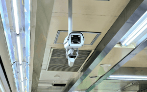 Indoor surveillance camera representing CCTV monitoring services for continuous security oversight in commercial properties