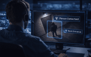 Security operator using video alarm verification software to confirm a person detected at a commercial building back entrance, supporting verified dispatch and faster police response with EyeQ Monitoring.