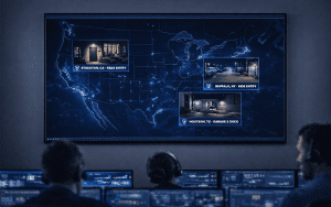 Centralized security monitoring dashboard showing a U.S. map with multi-site camera feeds and location callouts for portfolio oversight.