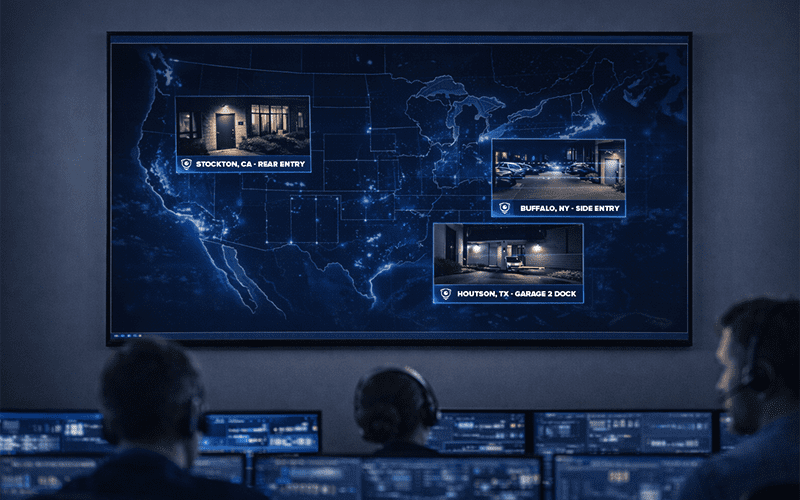 Centralized security monitoring dashboard showing a U.S. map with multi-site camera feeds and location callouts for portfolio oversight.