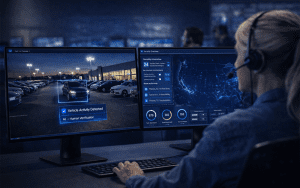 AI video surveillance for dealerships shown on a security operator’s screens with vehicle activity detection, human verification, and dealership lot camera feed at night.