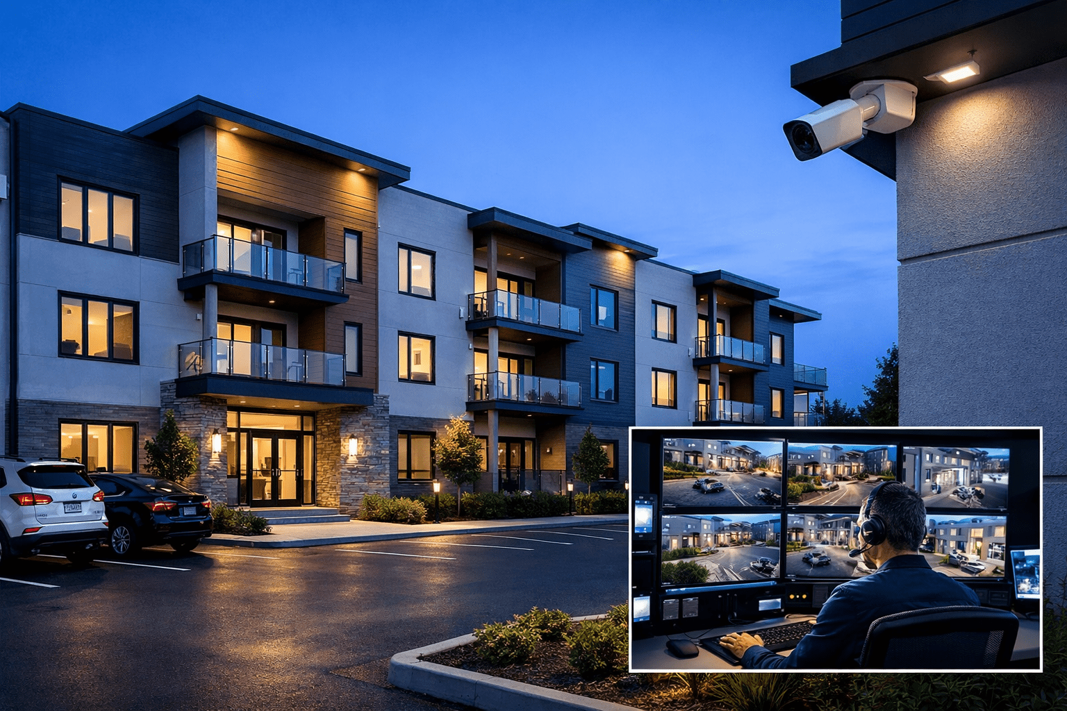 Multifamily apartment security monitoring at blue hour showing parking lot, entry points, exterior surveillance camera, and remote video monitoring operator.