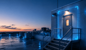 Commercial building rooftop access door with subtle camera coverage, blue security glow, and HVAC units in warm evening light.