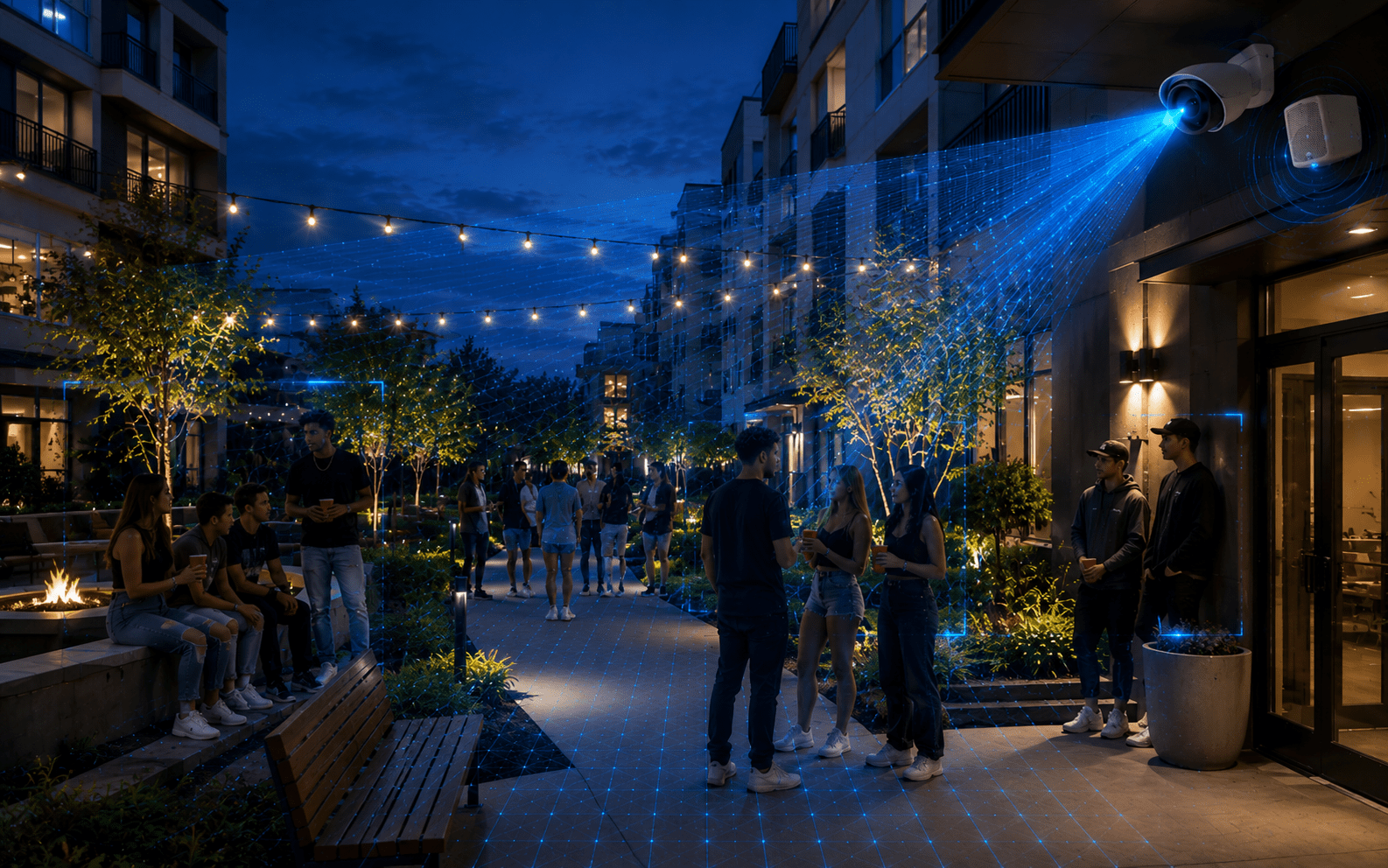 multifamily loitering deterrence in apartment common area during summer evening