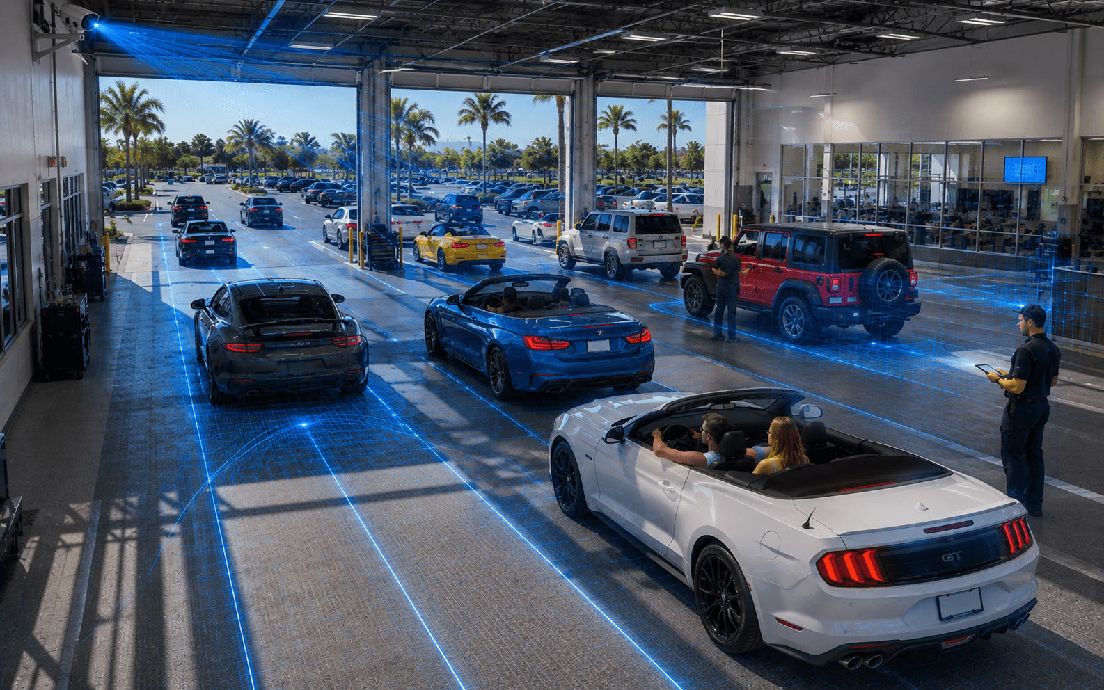service lane analytics in busy auto dealership service drive